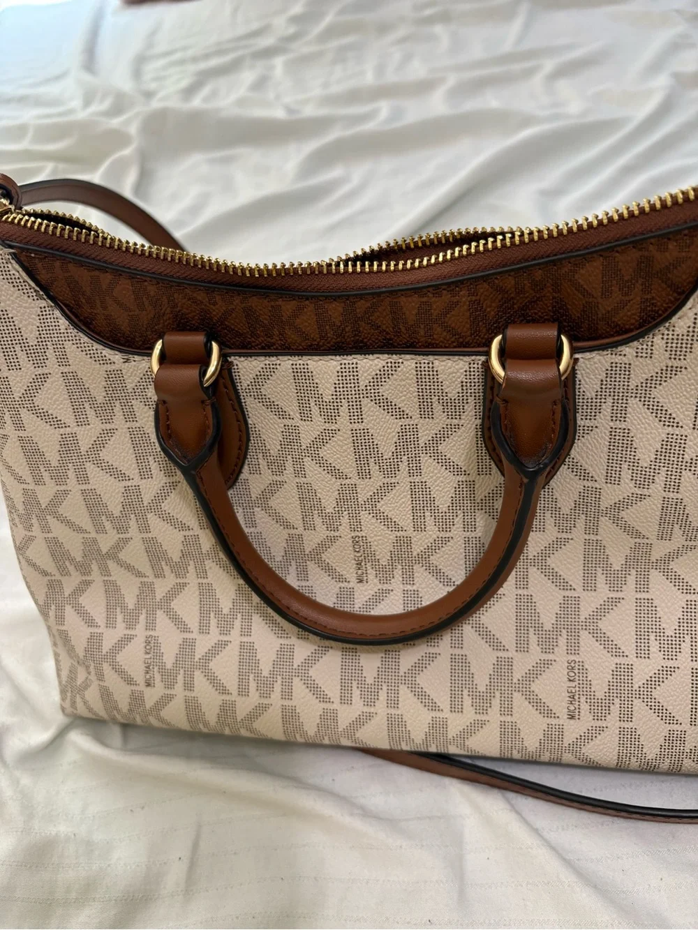 Michael Kors Beige Logo Satchel with Brown Trim and Gold Hardware